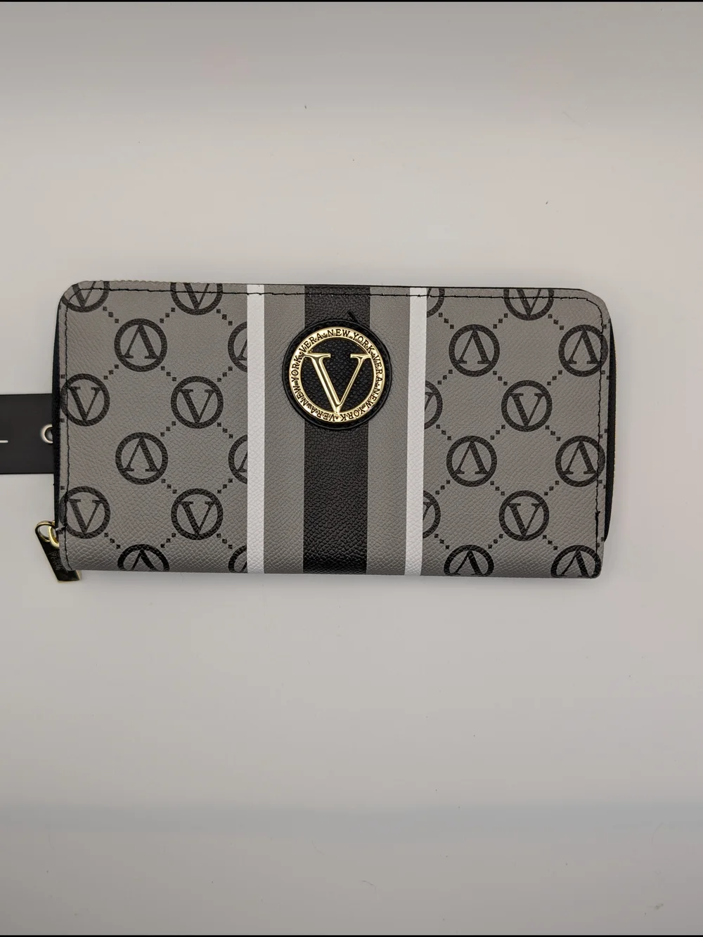 VERA New York Zip-Around Wallet for Women, Logo Print Gray Black White Gold NWT